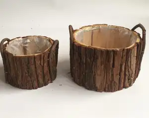 新款定制木制立式树皮花园花盆，木杉树皮花篮