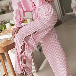 Pantalon à jambes larges Y2K pour femmes Pantalon ample en polyester imprimé à carreaux/rayures à nouer sur le côté Printemps Été Mode Pantalons de survêtement décontractés Bas - Product Image 2