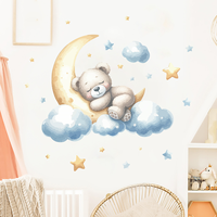 Autocollant mural en PVC auto-adhésif pour chambre de bébé, salon, motif ours endormi avec lune, nuages et étoiles