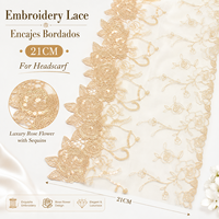 Dentelle brodée de luxe motif rose avec sequins, bordure en dentelle brodée 21cm, design théière, dentelle filet nude brodée pour foulard