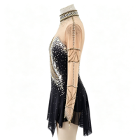 Robe de patinage artistique noire et or à manches longues en Spandex/Nylon, ornée de strass faits à la main, dos profond en V, dos ouvert, en maille, pour enfants