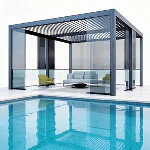 Pergola en aluminium pur 8x8m personnalisée et durable, porte coulissante en verre étanche et <span class=keywords><strong>toit</strong></span> à lamelles bioclimatiques pour jardin extérieur - Product Image 1