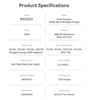 Support de tablette multifonction 5-en-1 Yesido 45W haute puissance avec chargeur sans fil intégré et câble rétractable PD 30W DS43