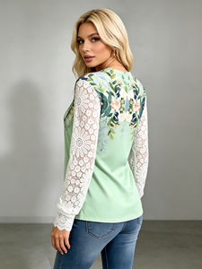 Chemisier plissé décontracté pour femme grande taille, printemps-automne, en dentelle, manches longues, col en V cranté, boutonnage frontal - Product Image 4