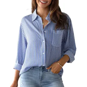 Женские рубашки на пуговицах, полосатые классические офисные блузки с длинным рукавом и воротником, топы с карманами