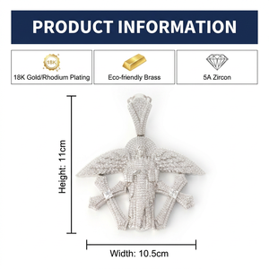 Collana Trendy Hip Hop con Grande Ciondolo a Croce d'Angelo <span class=keywords><strong>in</strong></span> Ottone Placcato <span class=keywords><strong>Argento</strong></span> con Ali e Zirconi 5A Iced Out, con Catena Tennis - Product Image 6
