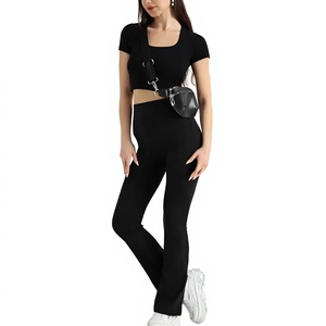 Leggings de yoga pour femmes de qualité supérieure, coupe évasée, longueur intégrale, écologiques, couleur unie, logo personnalisé, cordon de serrage, taille haute, sans couture - Product Image 1