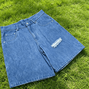 Shorts Bermuda en jean bleu pour homme, taille mi-haute, braguette boutonnée, style décontracté déchiré, 100% coton tissé respirant - Product Image 1