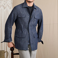 Veste de chasse cintrée pour homme, veste décontractée à manches longues, fine, sans doublure, en coton, lin, denim bleu, respirante pour homme