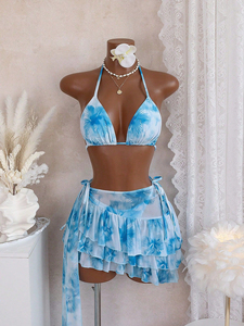 Viviblook Z403ST04 Conjunto de bikini de tres piezas para mujer, nuevo, con estampado floral, sexy, informal, con cordones, falda tipo tanga, traje de baño para vacaciones. - Product Image 3