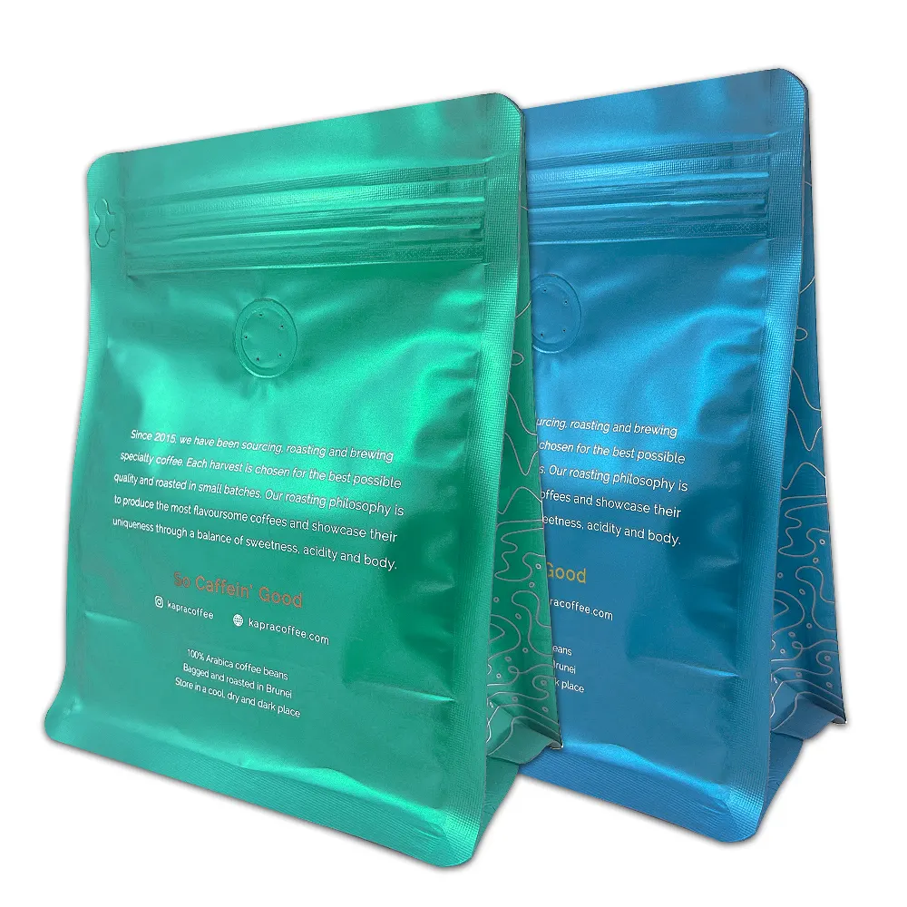 Custom Stand Up Flat Bottom Bag With Valve Matte Metal Waterproof Flat Bottom Coffee Bean Packaging Bag 8-Side Sealing Bag