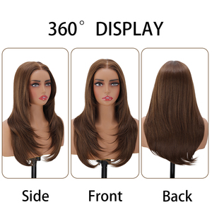 Perruque Lace Front Synthétique <span class=keywords><strong>Marron</strong></span> de 22 Pouces pour Femme, Transparente, Ajustable, Ligne de Cheveux Naturelle, Lisse, Haute Qualité - Product Image 4