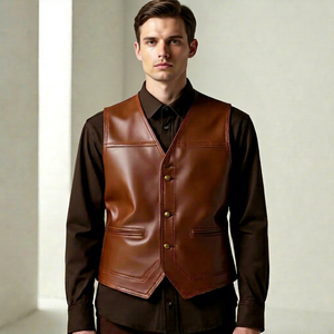 Chaleco sin mangas con cuello en V de cuero genuino marrón para hombre, ropa exterior informal elegante con cierre de botón de una sola fila - Product Image 1