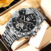 Montre automatique squelette de luxe pour homme, bracelet en métal, multifonction, calendrier, aiguilles lumineuses, montre-bracelet sport et affaires