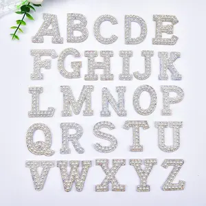 Felt Pearl Crystal AB Rhinestone Alphabet Motifs Patches Iron on Letter Applique Diy Name Badge Wedding Garment Accessories