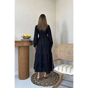 Vestido Negro con Cinturón, Corte en A, Cuello Redondo, Tejido, Uso Diario Informal, Cintura Natural, Lavable - Product Image 6