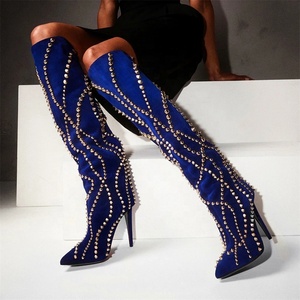 Bottines longues en daim bleu royal pour femmes, à rivets, talon fin, bout pointu, chaussures habillées, bottines à talon aiguille pour femmes - Product Image 1