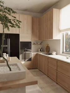 Vermonhouzz Armoires <span class=keywords><strong>de</strong></span> <span class=keywords><strong>cuisine</strong></span> modernes sur mesure en <span class=keywords><strong>bois</strong></span> naturel bicolore et gris mat avec <span class=keywords><strong>plan</strong></span> <span class=keywords><strong>de</strong></span> <span class=keywords><strong>travail</strong></span> en pierre veinée <span class=keywords><strong>de</strong></span> marbre - Product Image 5