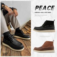 Bottines Chelsea à lacets pour homme, dessus en cuir véritable, mi-mollet, bout rond, style rétro, chaussures décontractées d'automne