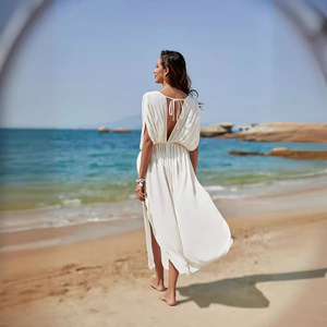 PASUXI Vestido playero midi sin espalda con cuello en V, cárdigan transpirable de rayón para vacaciones de verano, sexy vestido de playa con lazo frontal - Product Image 4