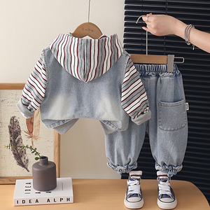 Offre Spéciale – Ensemble 3 Pièces Confortable en Jean Rayé pour Garçons : Gilet, Veste et Chemise à Manches Longues – Logo Personnalisable – Idéal Printemps-Automne Décontracté - Product Image 4
