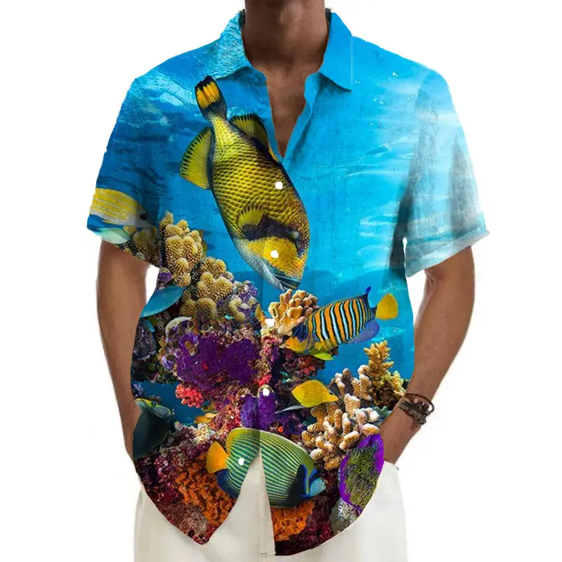 قميص استوائي ثلاثي الأبعاد للرجال تحت الماء مطبوع على شكل سمكة عالمية غير رسمي قصير الأكمام قميص بزر إسقاط الشحن منتجات
