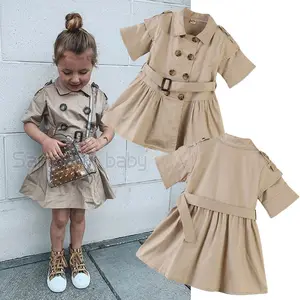 夏のダブルブレストドレス新しいデザインの女の赤ちゃんドレスかわいいコットンフロックターンダウンカラーファッショナブルなベルト
