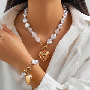 Hot European American Hip-hop <strong>Pearl</strong> Beaded Bamboo Clavicle <strong>Necklace</strong> Women's Sporty Otter Buckle Love <strong>Pendant</strong> <strong>Necklace</strong> for Women - Product Image 1