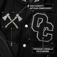 Blouson universitaire personnalisé OEM en cuir noir épais pour homme, avec broderie de haches croisées de luxe, style streetwear, type bomber