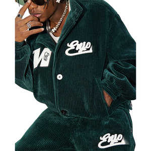 High Quality Men Boxy Heavyweight Front Letter Embroidery Velvet Velour <strong>Leather</strong> <strong>Long</strong> Sleeve Button up Boxy Man Corduroy <strong>Jacket</strong> - Product Image 2