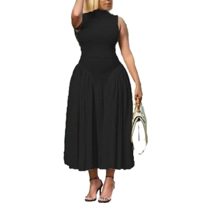 Vestido plisado sin mangas de cuello alto y cintura alta de color liso para mujer, a la moda, al por mayor - Product Image 2