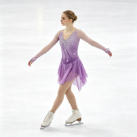 Robe de patinage artistique violette pour enfants et adultes, col en V, manches longues en maille, strass floraux, dos en V profond, pour compétition et spectacle de patinage sur glace