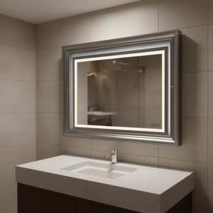 Miroir LED rectangulaire Geod, finition gris métallisé, montage mural, design moderne pour salle de bain, cadre argenté - Product Image 2