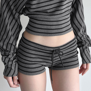 Y2K Women Striped Rib Knit Shorts <b>Drawstring</b> High Waist Skinny Booty Shorts Casual Lounge Homewear Summer Bodycon Shorts - Product Image 4