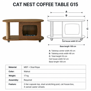 Table basse YAOYUE pour chat avec roulettes, table d'appoint pour chat avec griffoir en sisal intégré, couleur noyer - Product Image 3