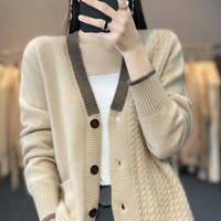 Kardigan Rajut Wanita Elegan Baru 100% Wol Murni, Warna-warni, Hangat, Model V-neck, Laris Manis