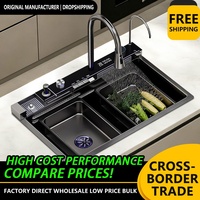 Évier de cuisine multifonctionnel intelligent en acier inoxydable avec cascade, surface nano noire et robinet en cuivre à affichage numérique