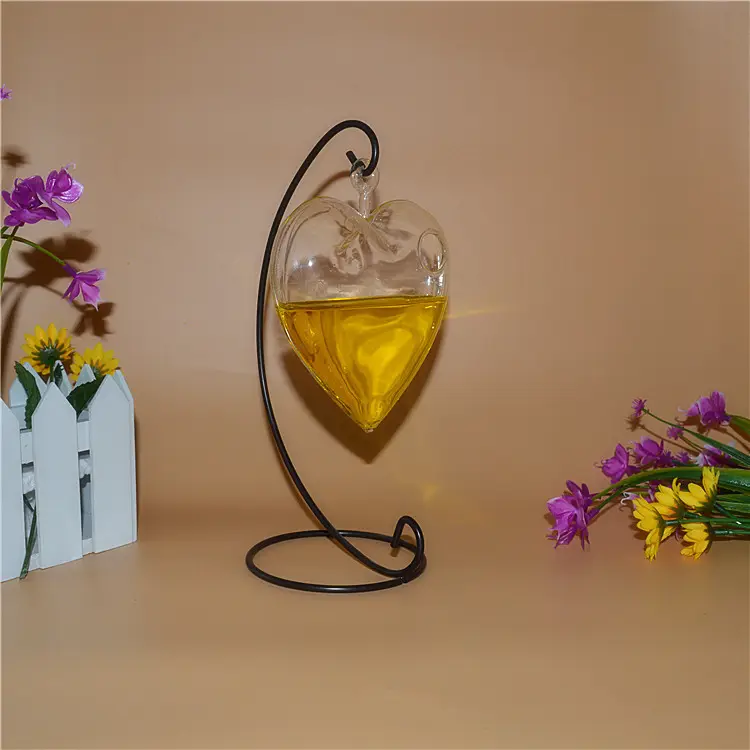 Vaso de vidro suspensão em forma de coração para decoração de casa, base de metal, ideal para terrários