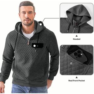 FOXA <b>Men's</b> Quilted Hoodie Quarter-Zip <b>Pullover</b> Sweatshirt With Pockets Fleece Long Sleeve Casual Wear - Product Image 2