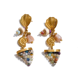 JINYOU 5819 Bohemian Multi-Element Sea Shell Drop <strong>Earrings</strong> Wood Natural Stone Stainless Steel <strong>Gold</strong> <strong>Dangle</strong> <strong>Earrings</strong> - Product Image 1