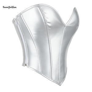 Women's Corset <strong>Top</strong> Y2K Metallic Shiny Open Back Boned Bustier Aesthetic Leather Bodyshaper <strong>Crop</strong> <strong>Tops</strong> <strong>Silver</strong> - Product Image 5