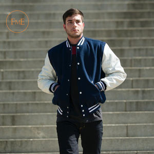 Blouson Bomber Homme Noir en Laine Tissée avec Manches en Cuir Coupe-Vent Écologique Motif Uni Grande Taille Hiver – Vente en Gros - Product Image 2