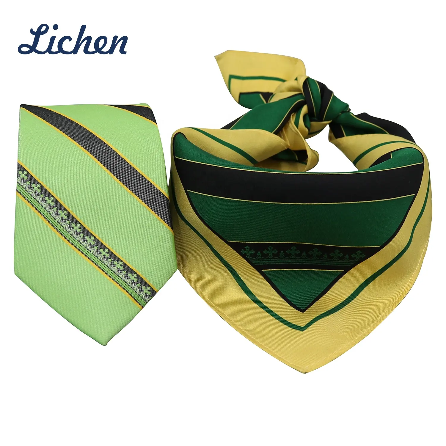 OEM Polyester Sublimation Printed Green Men Tie Women Scarf Luxury Ties Men Silk Tie Set