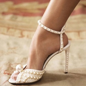 Zapatos de Tacón Alto con Perlas Hechas a Mano para Mujer, Sandalias Elegantes con Punta Abierta, Zapatos de Novia para Boda - Product Image 1