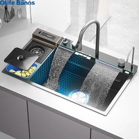Évier de cuisine à cascade avec robinet numérique tendance TikTok, robinet de pluie en acier inoxydable 304, évier de cuisine en céramique avec porte-couteaux