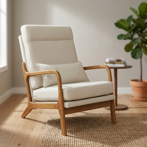 Fauteuil inclinable moderne du milieu du siècle avec structure en bois et revêtement crème pour salon - Product Image 2