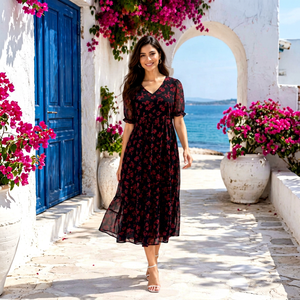 Women Black <b>Red</b> Floral Print Midi <b>Dress</b> Loose Fit Casual Summer Beach Wear With <b>Short</b> <b>Short</b> Sleeve - Product Image 1