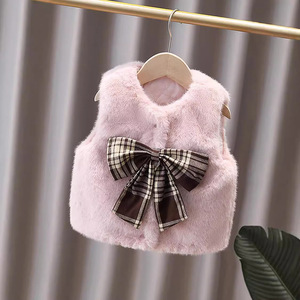 Chaleco Acolchado Cálido y Peludo para Bebé Niña, Lindo Diseño a Cuadros con Lazo, Ropa Exterior para Niños, Estilo Cómodo - Product Image 2