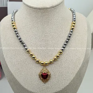 Commercio all'ingrosso di moda carino ciondolo con cuore e diamante catena lastricata girocollo oro collana di perline gioielli per donna uomo