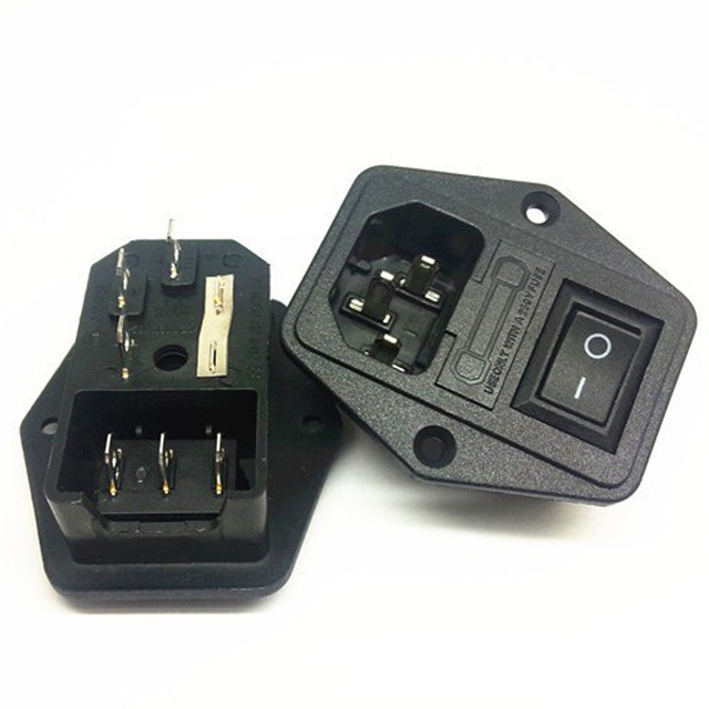 Black AC Power Socket with Fuse & 3 Pin Switch IEC C14 Panel Mount Power Inlet 250V 10A Self-Test Residential Use